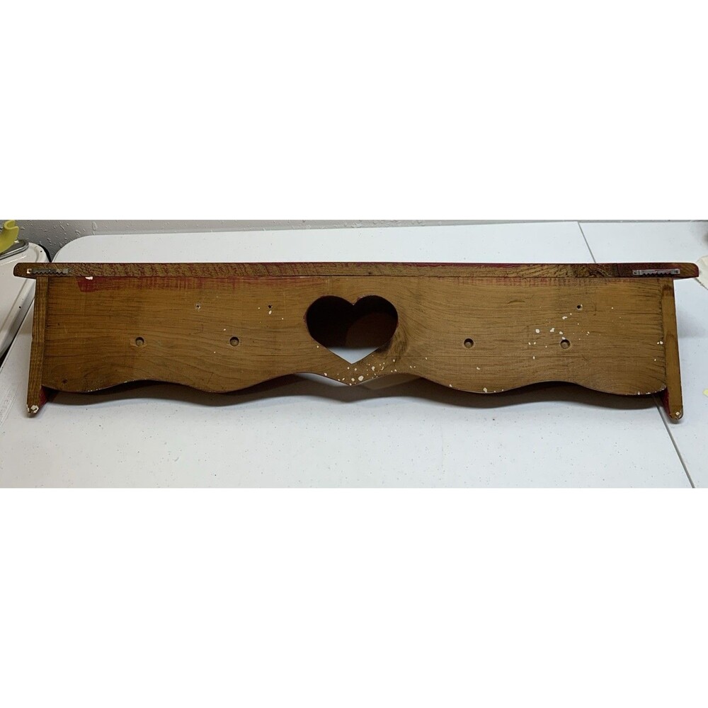 VTG Country Wooden Heart Wall Shelf Pegs Cottage Farmhouse Distressed 36x8x7.5 - Picture 9 of 10